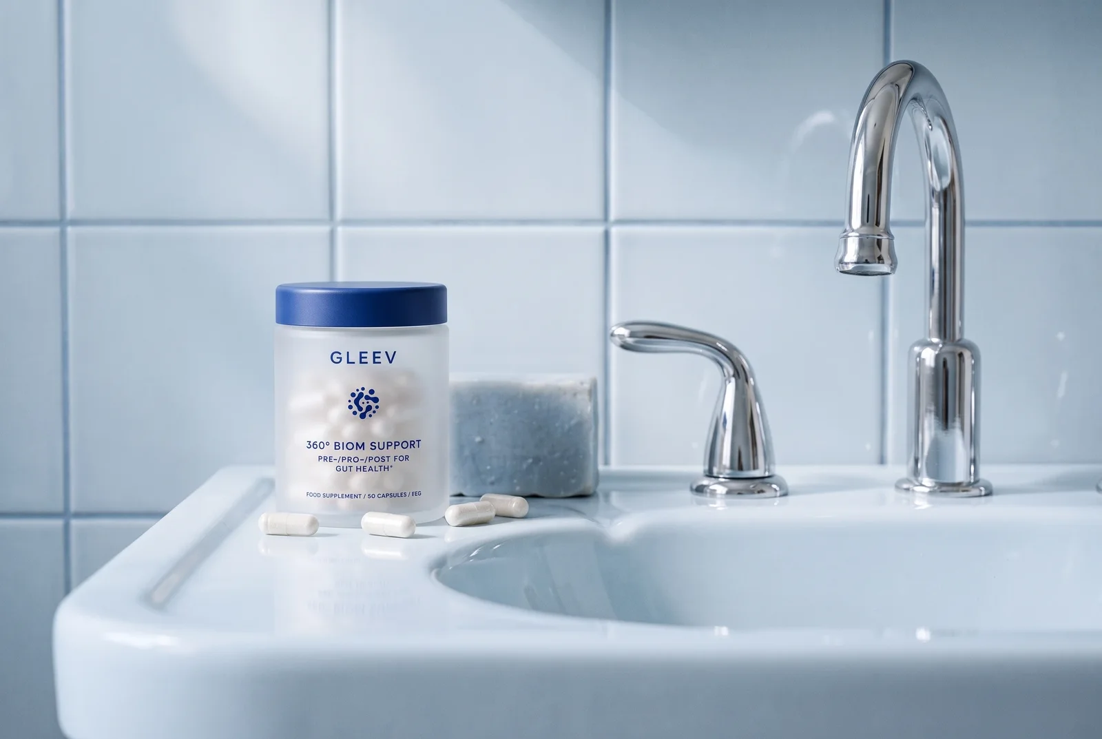 A Gleev jar and capsules on a white bathroom sink beside a tap